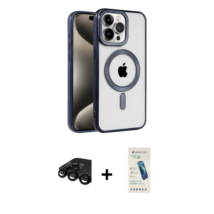 MARSİLYAN™- iPhone 15 Pro Max Kılıf Eksen Form Koleksiyonu - Şeffaf Pasifik Cam Ekran Koruyucu + Raze Metal Kamera Lens - SH