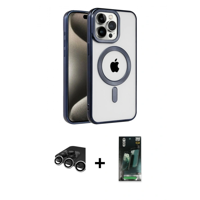 MARSİLYAN™- iPhone 15 Pro Max Kılıf Eksen Form Koleksiyonu - Siyah 360 Mat Full Body Arka Koruyucu + Gümüş Raze Metal Kamera Lens