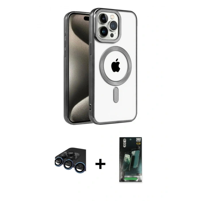 MARSİLYAN™- iPhone 15 Pro Max Kılıf Eksen Form Koleksiyonu - Siyah 360 Mat Full Body Arka Koruyucu + Raze Metal Kamera Lens - LT