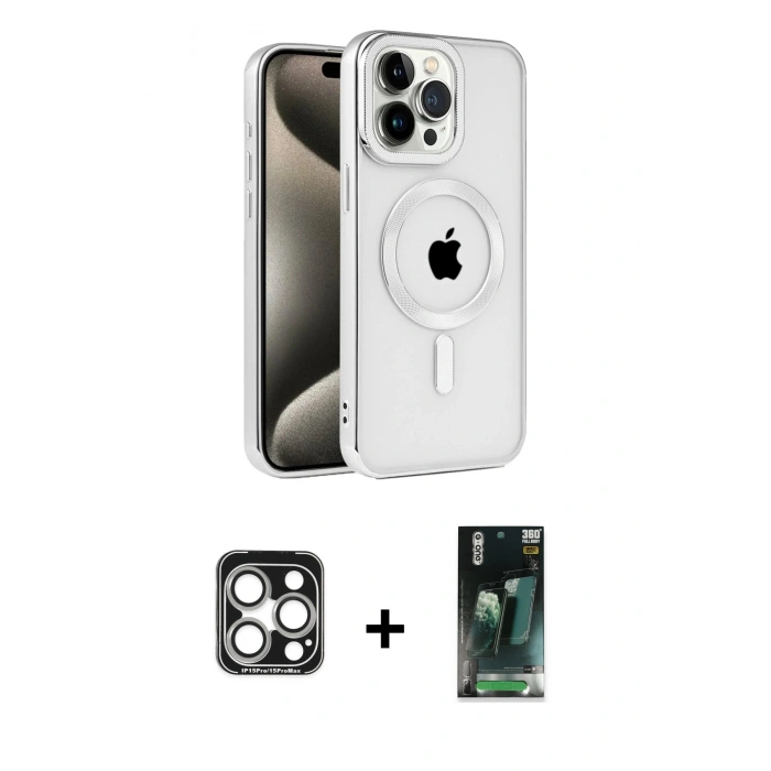 MARSİLYAN™- iPhone 15 Pro Max Kılıf Eksen Form Koleksiyonu - Siyah 360 Mat Full Body Arka Koruyucu + PVD Metal Kamera Lens - GS