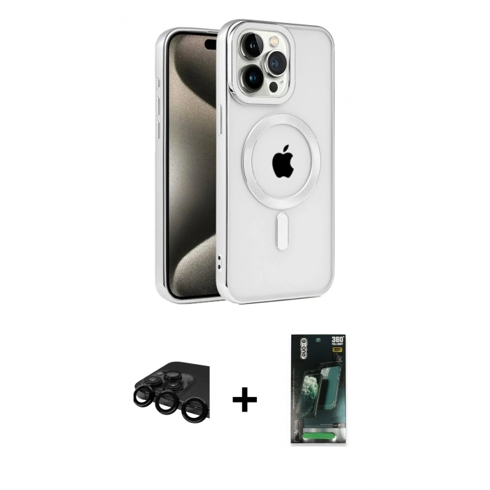 MARSİLYAN™- iPhone 15 Pro Max Kılıf Eksen Form Koleksiyonu - Siyah 360 Mat Full Body Arka Koruyucu + Raze Metal Kamera Lens - SH