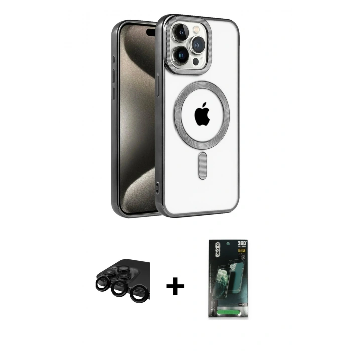 MARSİLYAN™- iPhone 15 Pro Max Kılıf Eksen Form Koleksiyonu - Siyah 360 Mat Full Body Arka Koruyucu + Raze Metal Kamera Lens - SH