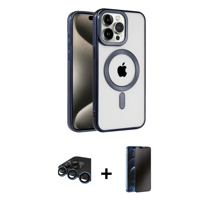 MARSİLYAN™- iPhone 15 Pro Max Kılıf Eksen Form Koleksiyonu - Siyah 3D Antistatik Hayalet Cam Ekran Koruyucu + Raze Metal Kamera Lens - LT