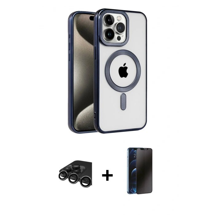 MARSİLYAN™- iPhone 15 Pro Max Kılıf Eksen Form Koleksiyonu - Siyah 3D Antistatik Hayalet Cam Ekran Koruyucu + Titanyum Gri Raze Metal Kamera Lens