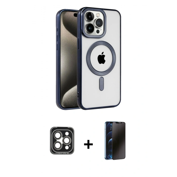 MARSİLYAN™- iPhone 15 Pro Max Kılıf Eksen Form Koleksiyonu - Siyah 3D Antistatik Hayalet Cam Ekran Koruyucu + PVD Metal Kamera Lens - GI