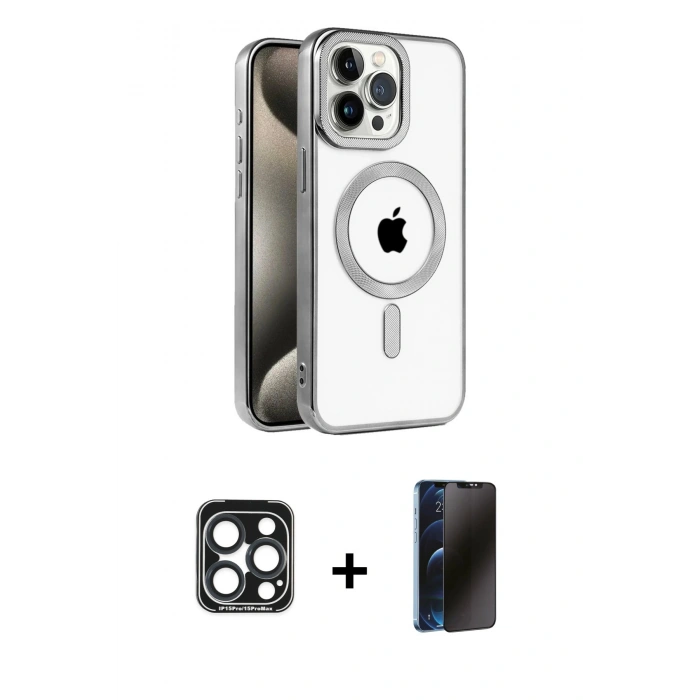 MARSİLYAN™- iPhone 15 Pro Max Kılıf Eksen Form Koleksiyonu - Siyah 3D Antistatik Hayalet Cam Ekran Koruyucu + PVD Metal Kamera Lens - LT