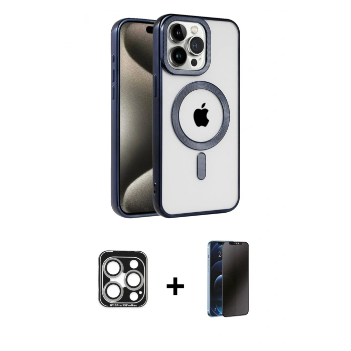 MARSİLYAN™- iPhone 15 Pro Max Kılıf Eksen Form Koleksiyonu - Siyah 3D Antistatik Hayalet Cam Ekran Koruyucu + PVD Metal Kamera Lens - GS