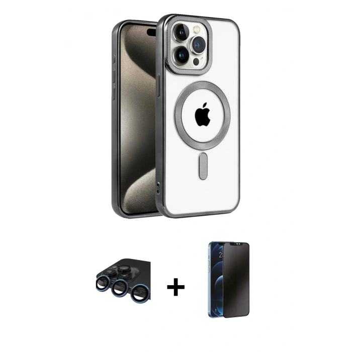 MARSİLYAN™- iPhone 15 Pro Max Kılıf Eksen Form Koleksiyonu - Siyah 3D Antistatik Hayalet Cam Ekran Koruyucu + Raze Metal Kamera Lens - LT