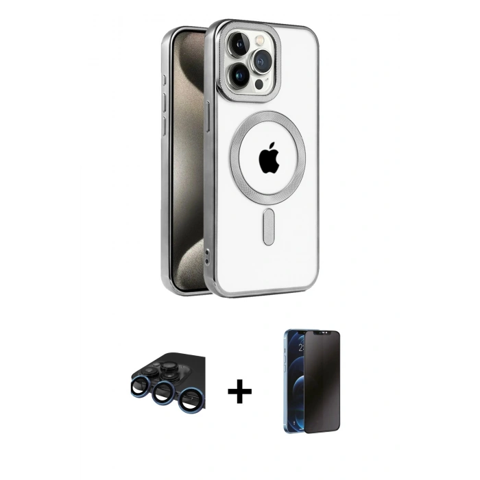 MARSİLYAN™- iPhone 15 Pro Max Kılıf Eksen Form Koleksiyonu - Siyah 3D Antistatik Hayalet Cam Ekran Koruyucu + Raze Metal Kamera Lens - LT