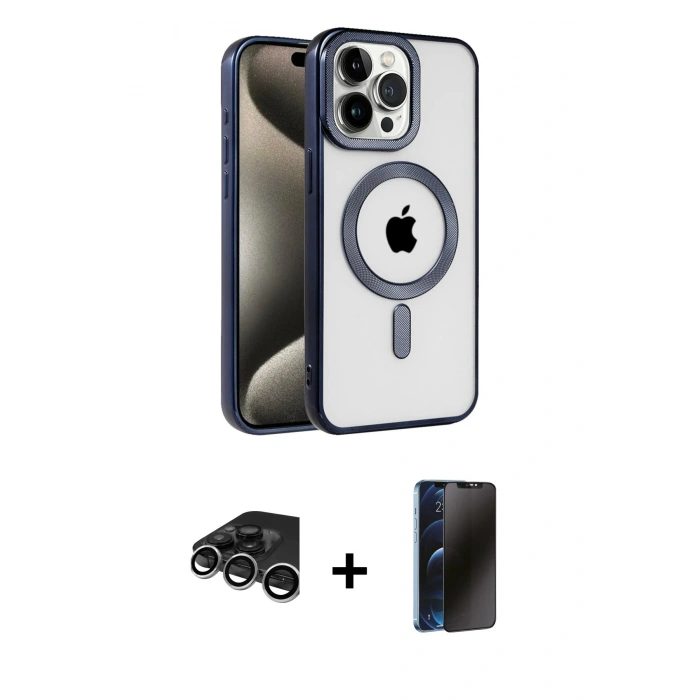 MARSİLYAN™- iPhone 15 Pro Max Kılıf Eksen Form Koleksiyonu - Siyah 3D Antistatik Hayalet Cam Ekran Koruyucu + Raze Metal Kamera Lens - GS