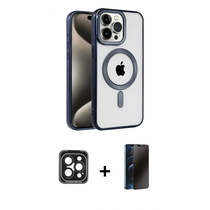 MARSİLYAN™- iPhone 15 Pro Max Kılıf Eksen Form Koleksiyonu - Siyah 3D Antistatik Hayalet Cam Ekran Koruyucu + PVD Metal Kamera Lens - SH