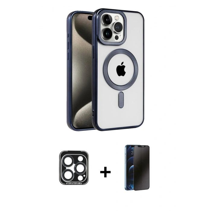 MARSİLYAN™- iPhone 15 Pro Max Kılıf Eksen Form Koleksiyonu - Siyah 3D Antistatik Hayalet Cam Ekran Koruyucu + PVD Metal Kamera Lens - LT