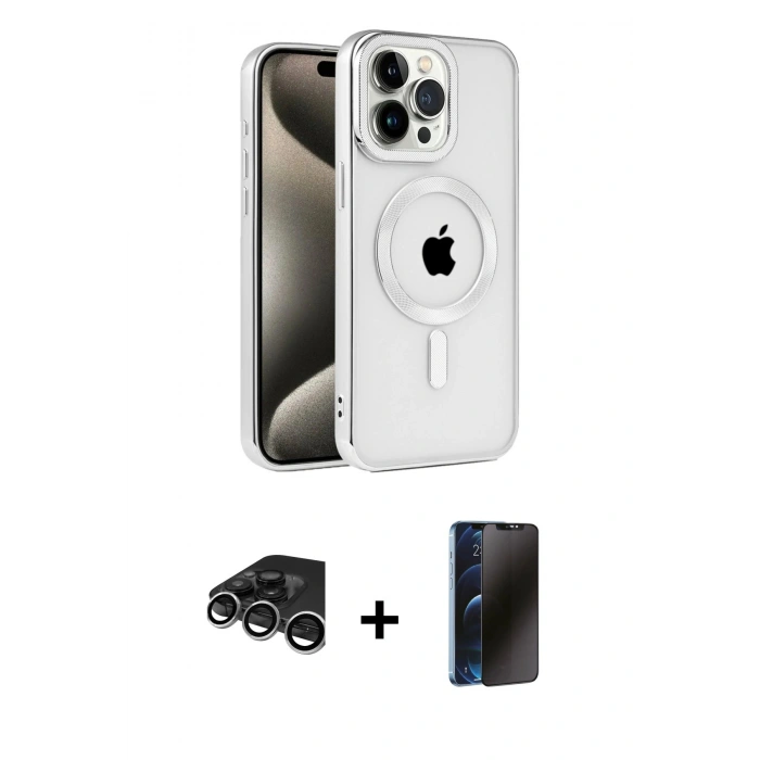 MARSİLYAN™- iPhone 15 Pro Max Kılıf Eksen Form Koleksiyonu - Siyah 3D Antistatik Hayalet Cam Ekran Koruyucu + Raze Metal Kamera Lens - GS