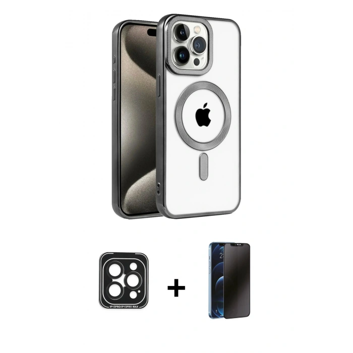 MARSİLYAN™- iPhone 15 Pro Max Kılıf Eksen Form Koleksiyonu - Siyah 3D Antistatik Hayalet Cam Ekran Koruyucu + PVD Metal Kamera Lens - SH