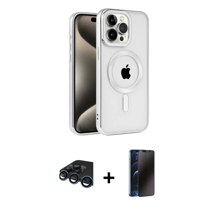 MARSİLYAN™- iPhone 15 Pro Max Kılıf Eksen Form Koleksiyonu - Siyah 3D Antistatik Hayalet Cam Ekran Koruyucu + Raze Metal Kamera Lens - LT
