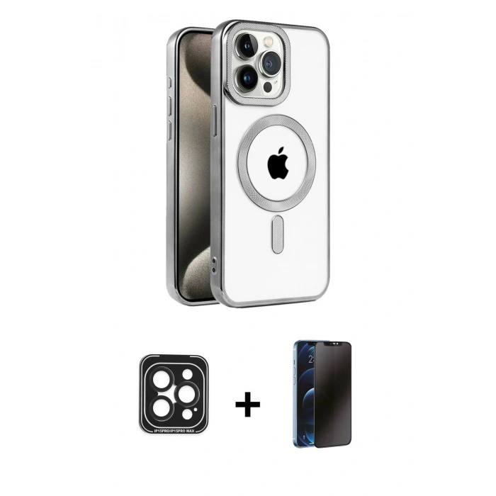 MARSİLYAN™- iPhone 15 Pro Max Kılıf Eksen Form Koleksiyonu - Siyah 3D Antistatik Hayalet Cam Ekran Koruyucu + PVD Metal Kamera Lens - SH