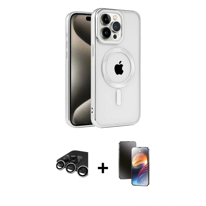 MARSİLYAN™- iPhone 15 Pro Max Kılıf Eksen Form Koleksiyonu - Siyah 3D Antistatik Mat Seramik Nano Ekran Koruyucu + Raze Metal Kamera Lens - GS