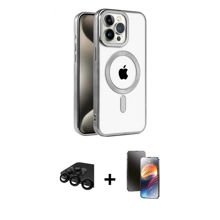 MARSİLYAN™- iPhone 15 Pro Max Kılıf Eksen Form Koleksiyonu - Siyah 3D Antistatik Mat Seramik Nano Ekran Koruyucu + Raze Metal Kamera Lens - SH