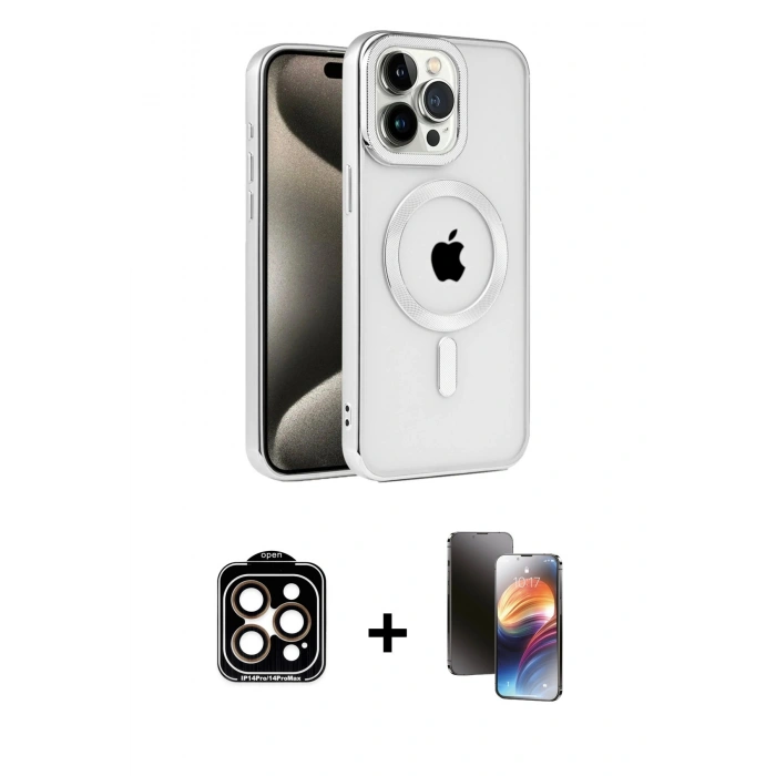 MARSİLYAN™- iPhone 15 Pro Max Kılıf Eksen Form Koleksiyonu - Siyah 3D Antistatik Mat Seramik Nano Ekran Koruyucu + PVD Metal Kamera Lens - TU