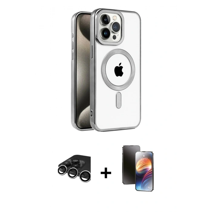 MARSİLYAN™- iPhone 15 Pro Max Kılıf Eksen Form Koleksiyonu - Siyah 3D Antistatik Mat Seramik Nano Ekran Koruyucu + Raze Metal Kamera Lens - GS