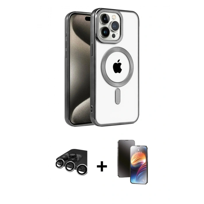MARSİLYAN™- iPhone 15 Pro Max Kılıf Eksen Form Koleksiyonu - Siyah 3D Antistatik Mat Seramik Nano Ekran Koruyucu + Raze Metal Kamera Lens - GS
