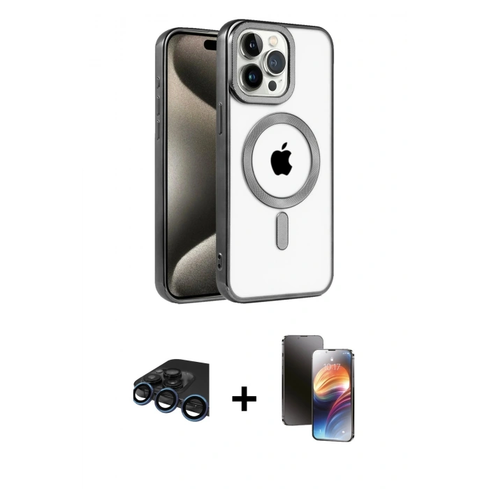 MARSİLYAN™- iPhone 15 Pro Max Kılıf Eksen Form Koleksiyonu - Siyah 3D Antistatik Mat Seramik Nano Ekran Koruyucu + Raze Metal Kamera Lens - LT