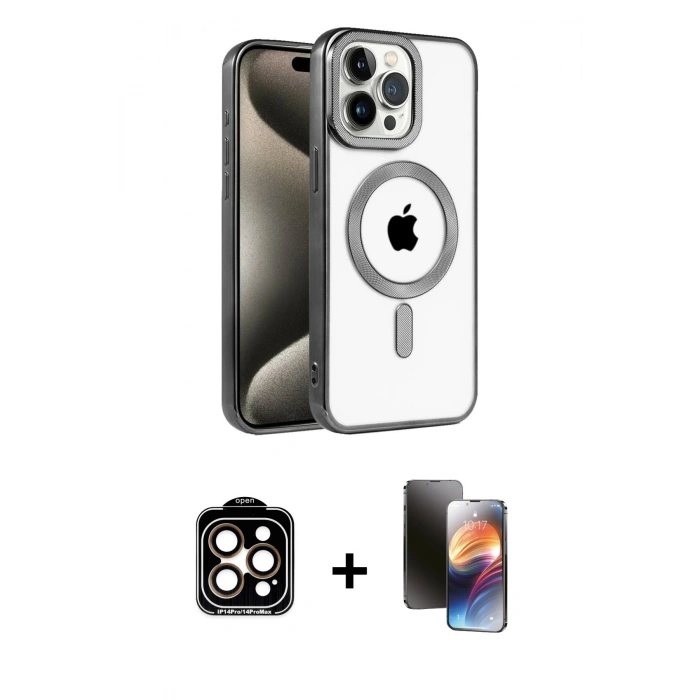 MARSİLYAN™- iPhone 15 Pro Max Kılıf Eksen Form Koleksiyonu - Siyah 3D Antistatik Mat Seramik Nano Ekran Koruyucu + PVD Metal Kamera Lens - TU
