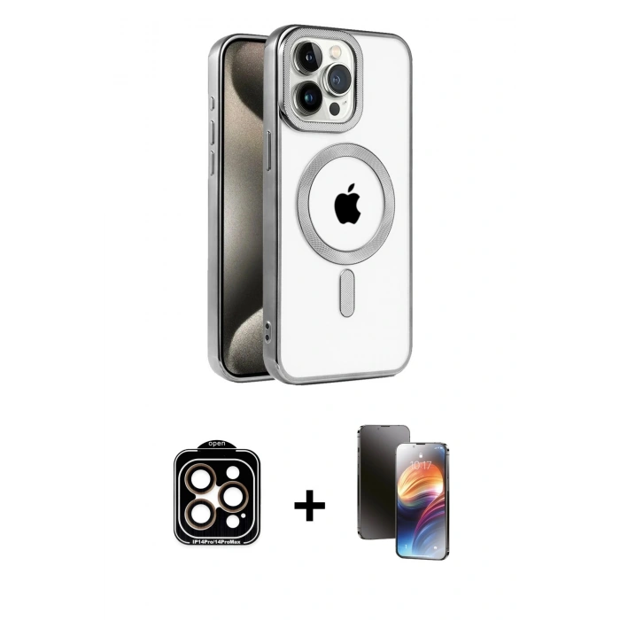 MARSİLYAN™- iPhone 15 Pro Max Kılıf Eksen Form Koleksiyonu - Siyah 3D Antistatik Mat Seramik Nano Ekran Koruyucu + PVD Metal Kamera Lens - TU