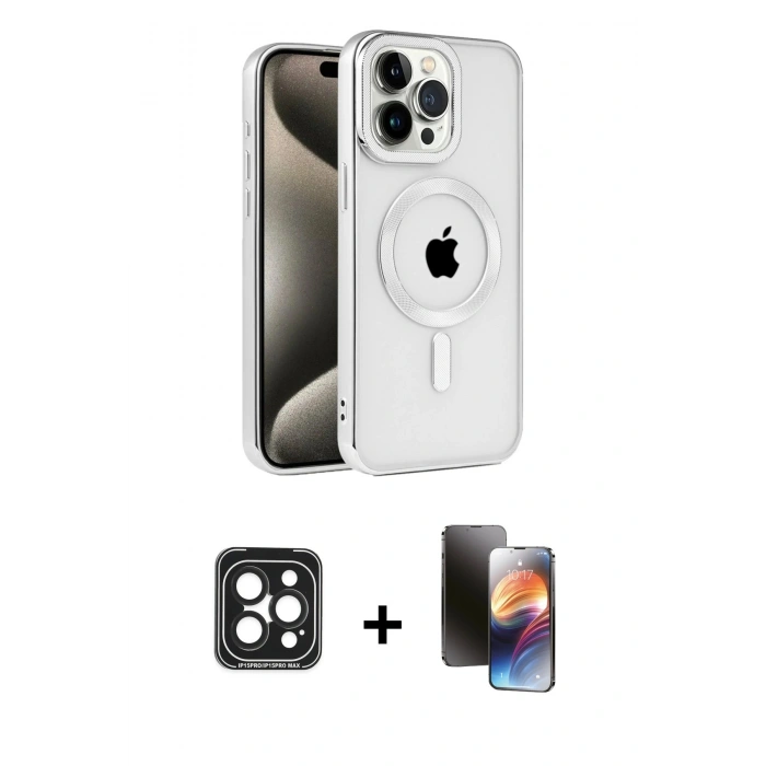 MARSİLYAN™- iPhone 15 Pro Max Kılıf Eksen Form Koleksiyonu - Siyah 3D Antistatik Mat Seramik Nano Ekran Koruyucu + PVD Metal Kamera Lens - SH