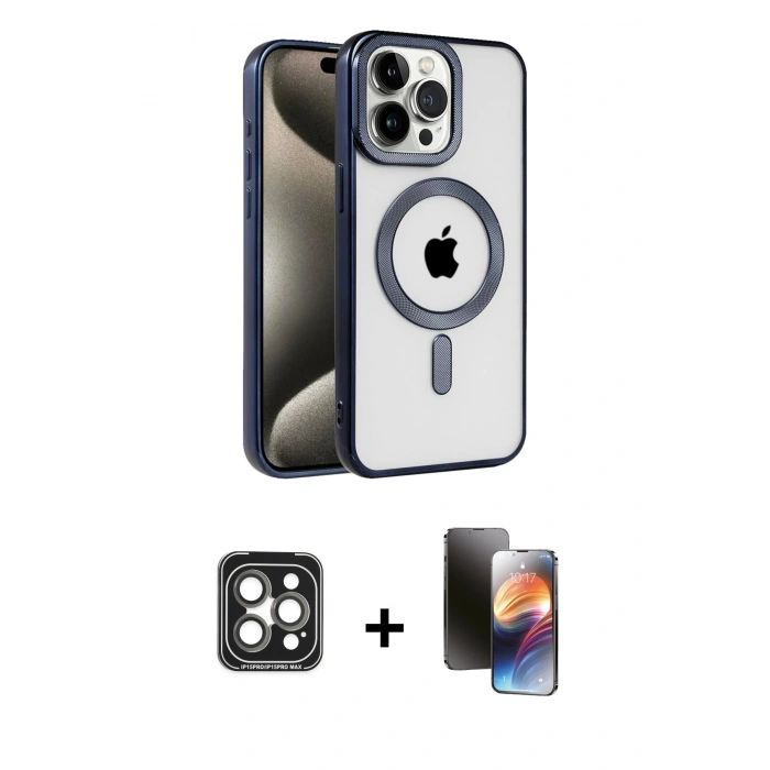 MARSİLYAN™- iPhone 15 Pro Max Kılıf Eksen Form Koleksiyonu - Siyah 3D Antistatik Mat Seramik Nano Ekran Koruyucu + PVD Metal Kamera Lens - GI