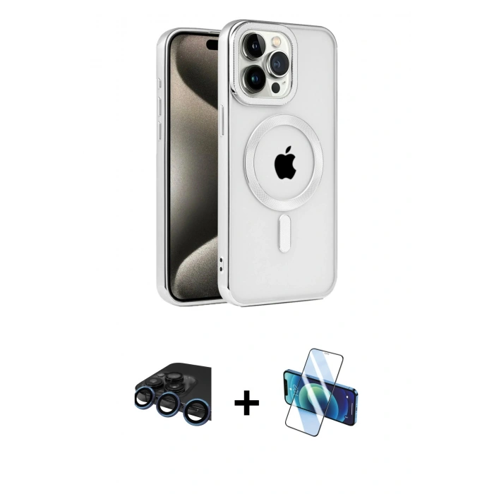 MARSİLYAN™- iPhone 15 Pro Max Kılıf Eksen Form Koleksiyonu - Siyah 3D Antistatik Seramik Nano Ekran Koruyucu + Raze Metal Kamera Lens - LT