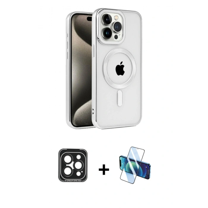 MARSİLYAN™- iPhone 15 Pro Max Kılıf Eksen Form Koleksiyonu - Siyah 3D Antistatik Seramik Nano Ekran Koruyucu + PVD Metal Kamera Lens - SH