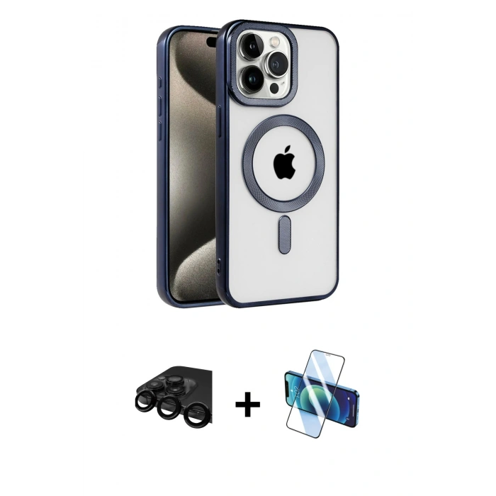 MARSİLYAN™- iPhone 15 Pro Max Kılıf Eksen Form Koleksiyonu - Siyah 3D Antistatik Seramik Nano Ekran Koruyucu + Raze Metal Kamera Lens - SH