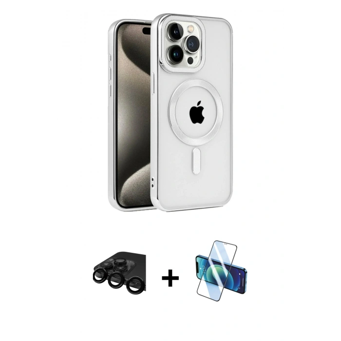MARSİLYAN™- iPhone 15 Pro Max Kılıf Eksen Form Koleksiyonu - Siyah 3D Antistatik Seramik Nano Ekran Koruyucu + Raze Metal Kamera Lens - SH