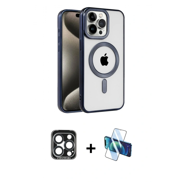 MARSİLYAN™- iPhone 15 Pro Max Kılıf Eksen Form Koleksiyonu - Siyah 3D Antistatik Seramik Nano Ekran Koruyucu + PVD Metal Kamera Lens - LT