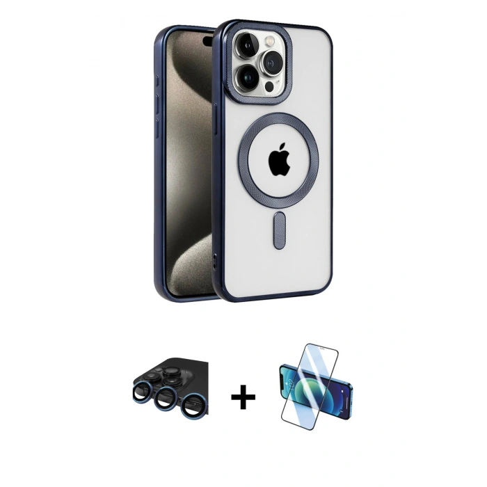 MARSİLYAN™- iPhone 15 Pro Max Kılıf Eksen Form Koleksiyonu - Siyah 3D Antistatik Seramik Nano Ekran Koruyucu + Raze Metal Kamera Lens - LT