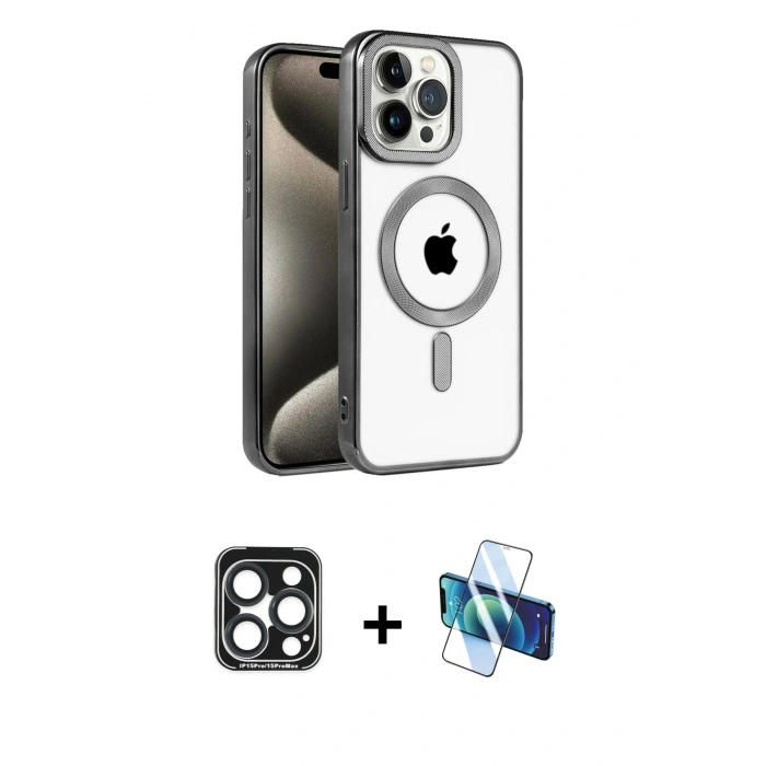 MARSİLYAN™- iPhone 15 Pro Max Kılıf Eksen Form Koleksiyonu - Siyah 3D Antistatik Seramik Nano Ekran Koruyucu + PVD Metal Kamera Lens - LT