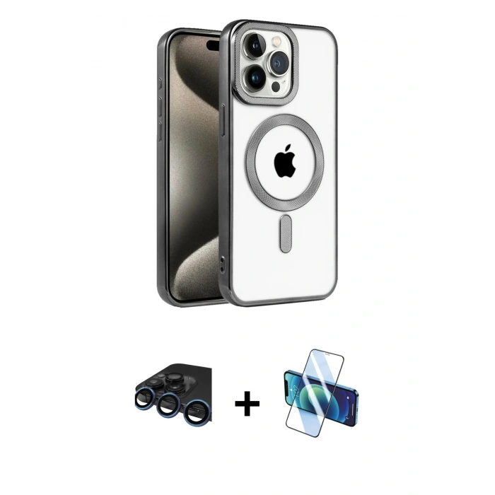 MARSİLYAN™- iPhone 15 Pro Max Kılıf Eksen Form Koleksiyonu - Siyah 3D Antistatik Seramik Nano Ekran Koruyucu + Raze Metal Kamera Lens - LT