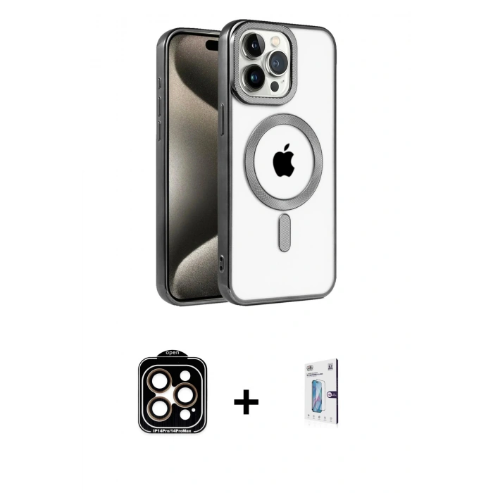 MARSİLYAN™- iPhone 15 Pro Max Kılıf Eksen Form Koleksiyonu - Siyah Bilvis 0.18mm Plus Cam Ekran Koruyucu + PVD Metal Kamera Lens - TU