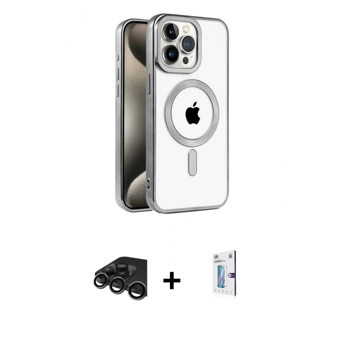 MARSİLYAN™- iPhone 15 Pro Max Kılıf Eksen Form Koleksiyonu - Siyah Bilvis 0.18mm Plus Cam Ekran Koruyucu + Raze Metal Kamera Lens - TMGI