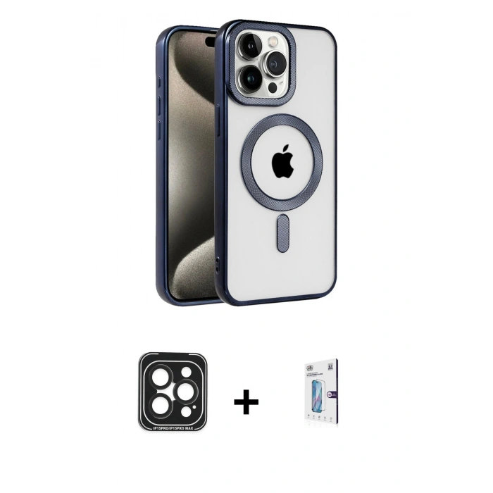 MARSİLYAN™- iPhone 15 Pro Max Kılıf Eksen Form Koleksiyonu - Siyah Bilvis 0.18mm Plus Cam Ekran Koruyucu + PVD Metal Kamera Lens - SH