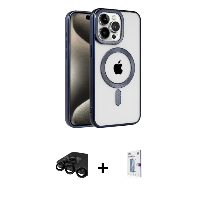 MARSİLYAN™- iPhone 15 Pro Max Kılıf Eksen Form Koleksiyonu - Siyah Bilvis 0.18mm Plus Cam Ekran Koruyucu + Raze Metal Kamera Lens - SH