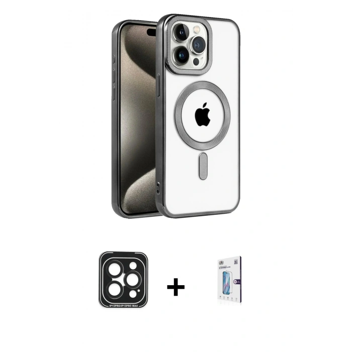 MARSİLYAN™- iPhone 15 Pro Max Kılıf Eksen Form Koleksiyonu - Siyah Bilvis 0.18mm Plus Cam Ekran Koruyucu + PVD Metal Kamera Lens - SH