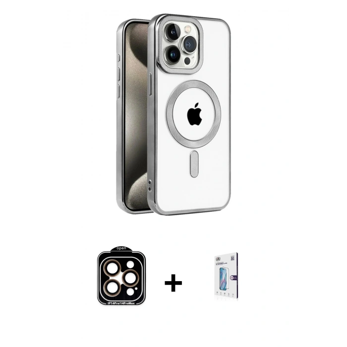 MARSİLYAN™- iPhone 15 Pro Max Kılıf Eksen Form Koleksiyonu - Siyah Bilvis 0.18mm Plus Cam Ekran Koruyucu + PVD Metal Kamera Lens - TU