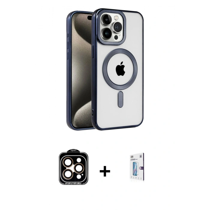 MARSİLYAN™- iPhone 15 Pro Max Kılıf Eksen Form Koleksiyonu - Siyah Bilvis 0.18mm Plus Cam Ekran Koruyucu + PVD Metal Kamera Lens - TU