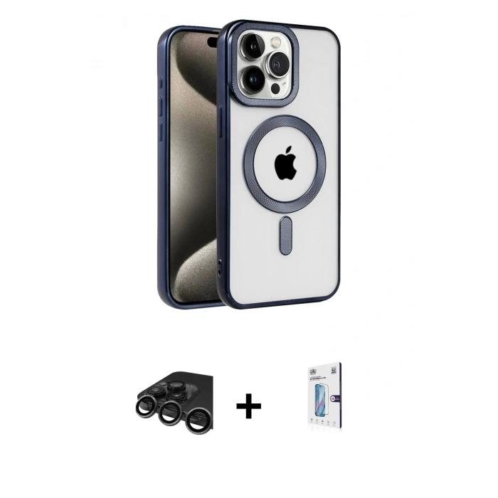 MARSİLYAN™- iPhone 15 Pro Max Kılıf Eksen Form Koleksiyonu - Siyah Bilvis 0.18mm Plus Cam Ekran Koruyucu + Raze Metal Kamera Lens - TMGI