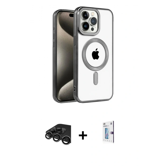 MARSİLYAN™- iPhone 15 Pro Max Kılıf Eksen Form Koleksiyonu - Siyah Bilvis 0.18mm Plus Cam Ekran Koruyucu + Raze Metal Kamera Lens - TMGI