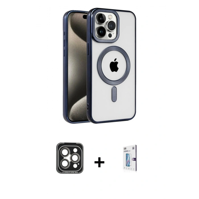 MARSİLYAN™- iPhone 15 Pro Max Kılıf Eksen Form Koleksiyonu - Siyah Bilvis 0.18mm Plus Cam Ekran Koruyucu + PVD Metal Kamera Lens - GI