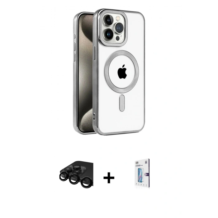 MARSİLYAN™- iPhone 15 Pro Max Kılıf Eksen Form Koleksiyonu - Siyah Bilvis 0.18mm Plus Cam Ekran Koruyucu + Raze Metal Kamera Lens - SH
