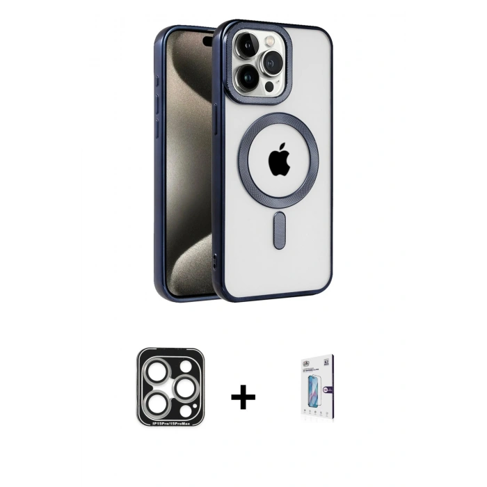 MARSİLYAN™- iPhone 15 Pro Max Kılıf Eksen Form Koleksiyonu - Siyah Bilvis 0.18mm Plus Cam Ekran Koruyucu + PVD Metal Kamera Lens - GS